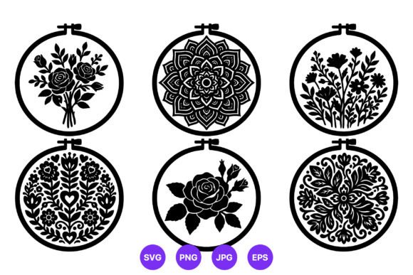 Black White Floral Embroidery Hoop Graphics for Crafts