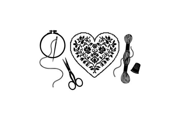 Embroidery Heart Design with Scissors: Graphics & Illustrations