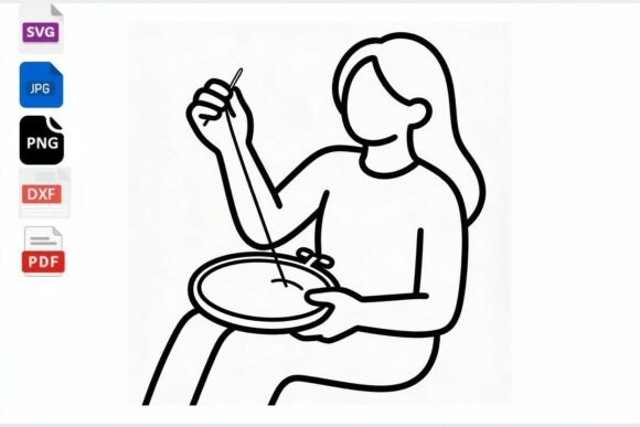 Embroidery Hoop Woman Line Art SVG: Graphics for Crafts