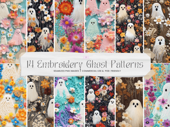 Floral Ghost Faux Embroidery PNG: Graphics & Backgrounds