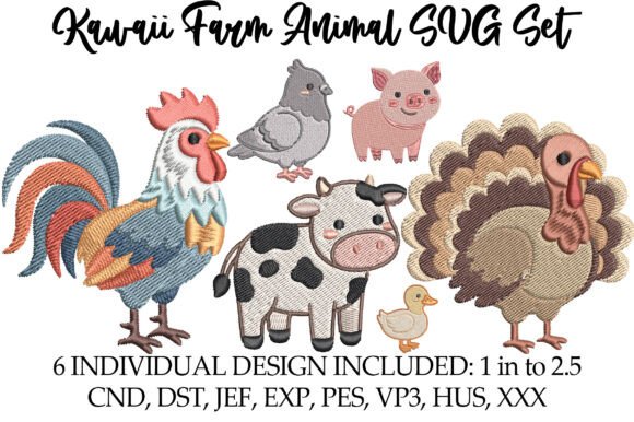Kawaii Farm Animal SVG Set for Embroidery Design